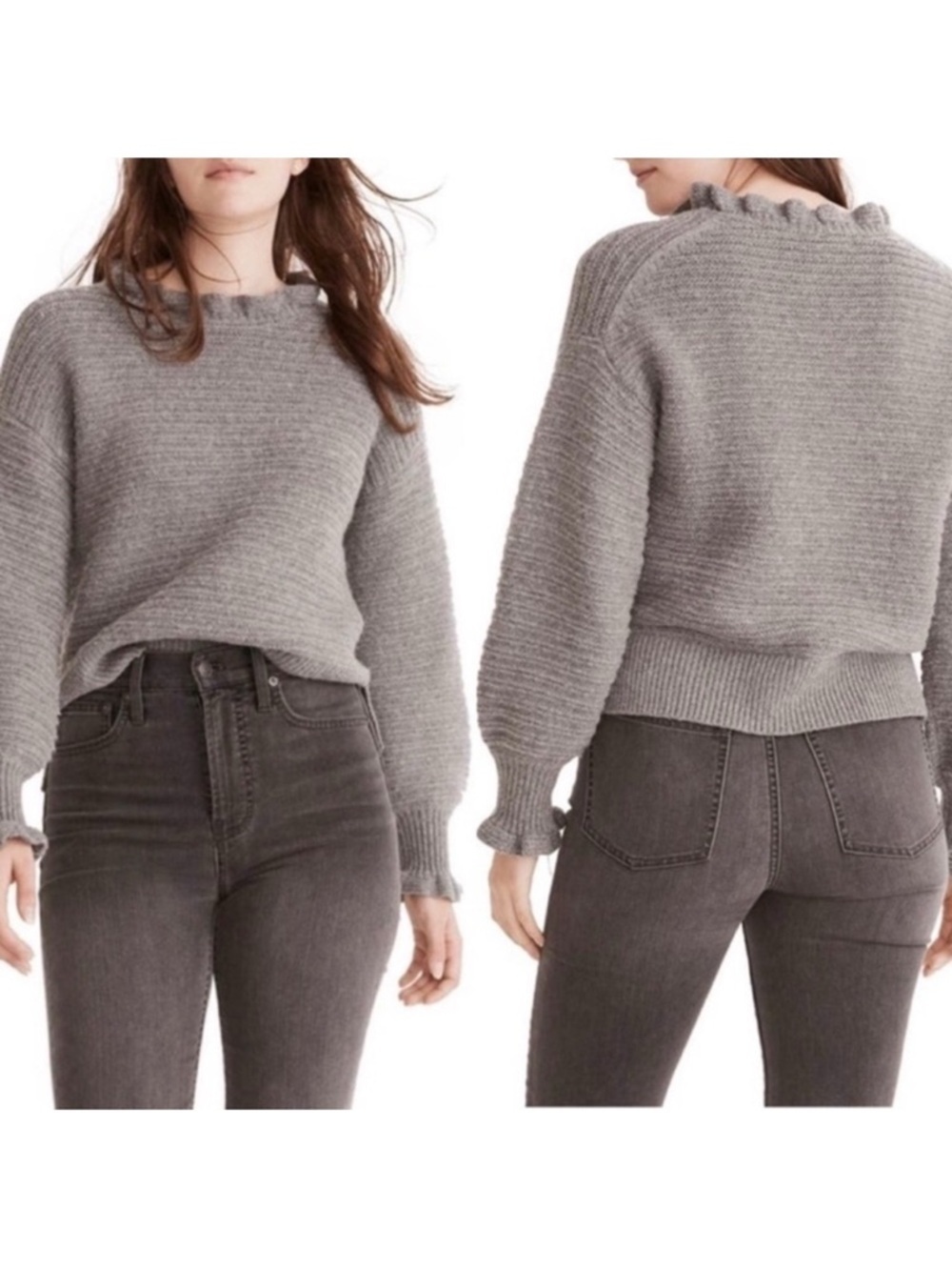Madewell Gray Ruffled Neck Pullover Sweater